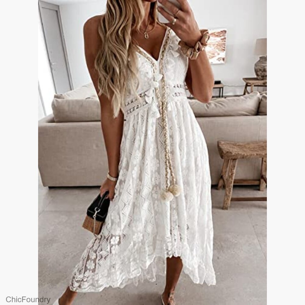 Sleeveless Lace Maxi Dress with Tassel Detail, Adjustable Straps, Smocked Back - Picture 4 of 7